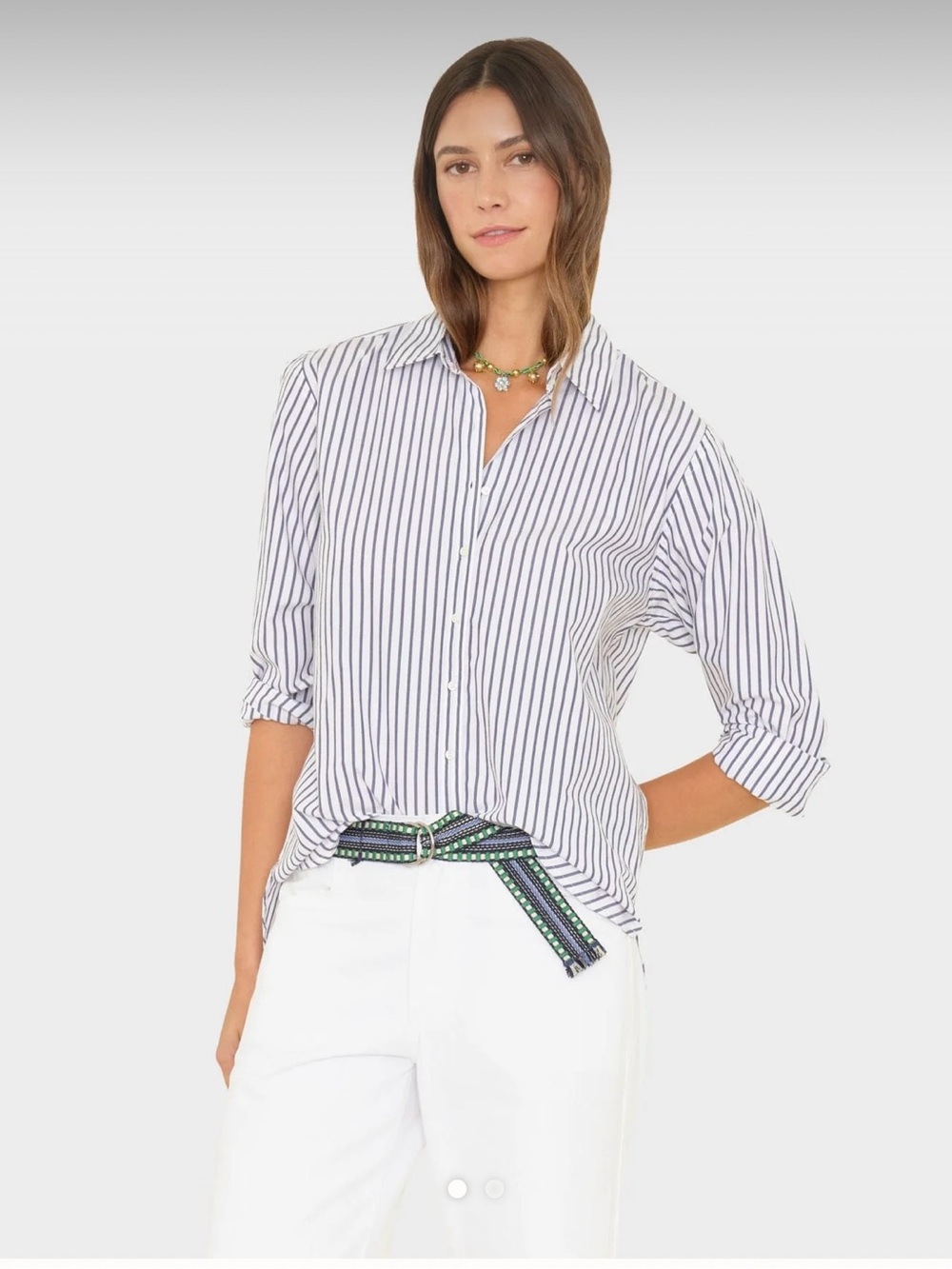 XiRENA White Button-Down Shirt with Navy Stripes size:L